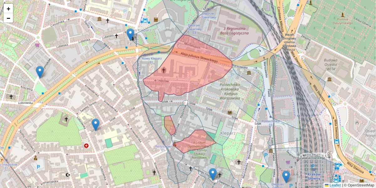 Szczegółowa mapa kodu pocztowego 31-148 z granicami, sąsiednimi kodami pocztowymi i urzędami pocztowymi