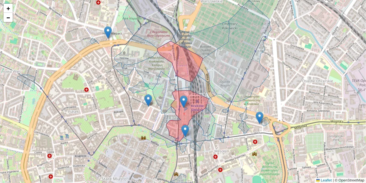 Szczegółowa mapa kodu pocztowego 31-154 z granicami, sąsiednimi kodami pocztowymi i urzędami pocztowymi