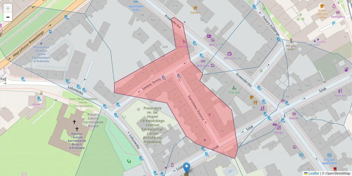 Szczegółowa mapa kodu pocztowego 31-162 z granicami, sąsiednimi kodami pocztowymi i urzędami pocztowymi