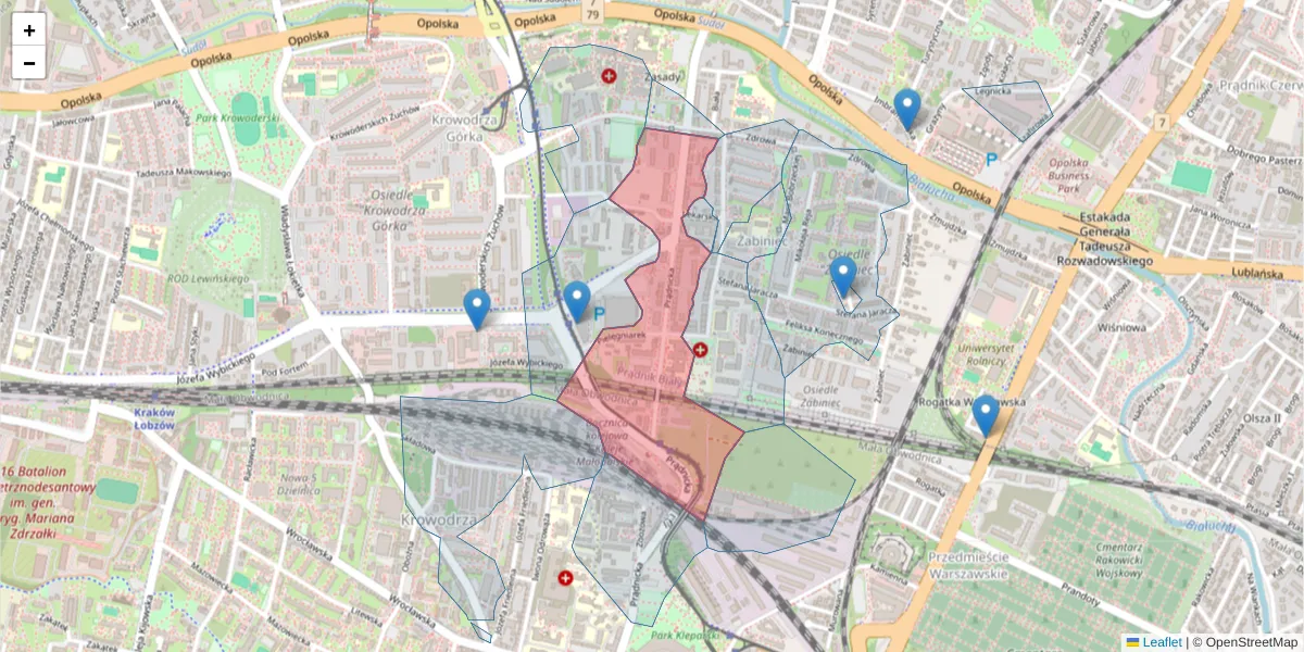 Szczegółowa mapa kodu pocztowego 31-202 z granicami, sąsiednimi kodami pocztowymi i urzędami pocztowymi