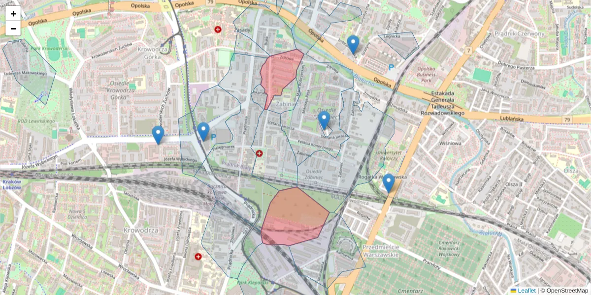 Szczegółowa mapa kodu pocztowego 31-207 z granicami, sąsiednimi kodami pocztowymi i urzędami pocztowymi