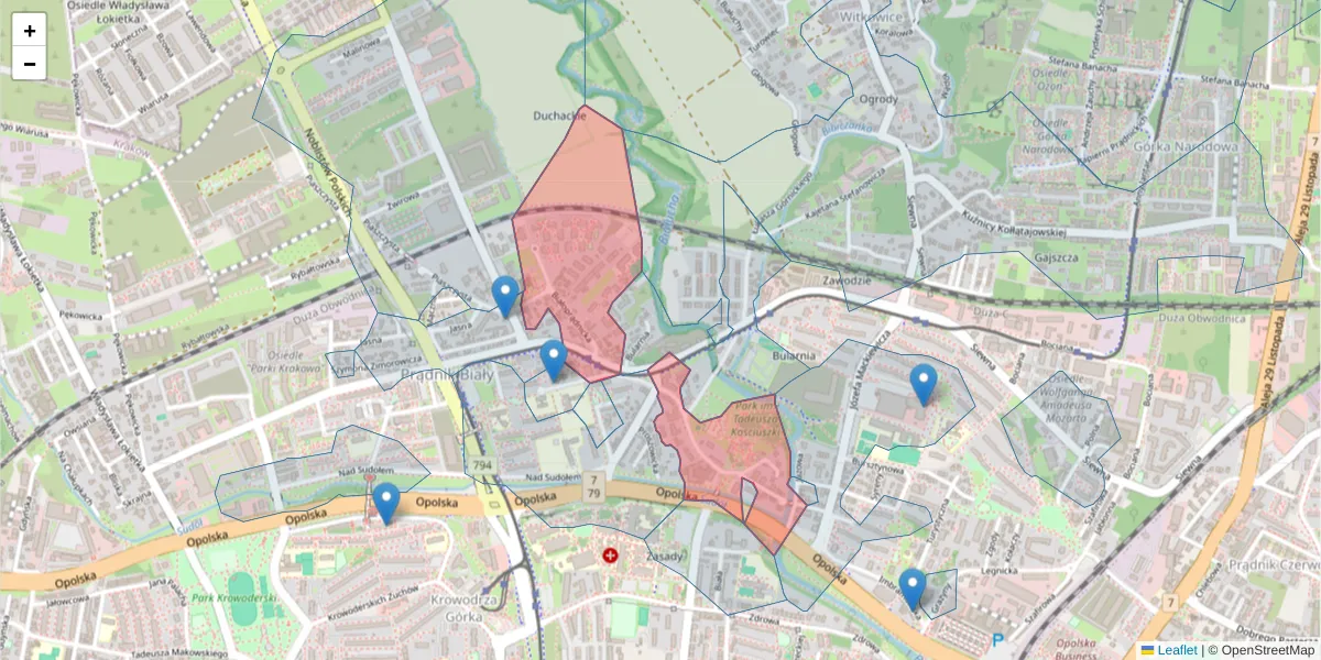 Szczegółowa mapa kodu pocztowego 31-221 z granicami, sąsiednimi kodami pocztowymi i urzędami pocztowymi