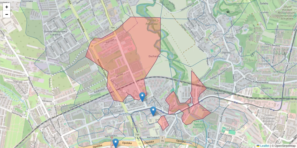 Szczegółowa mapa kodu pocztowego 31-222 z granicami, sąsiednimi kodami pocztowymi i urzędami pocztowymi