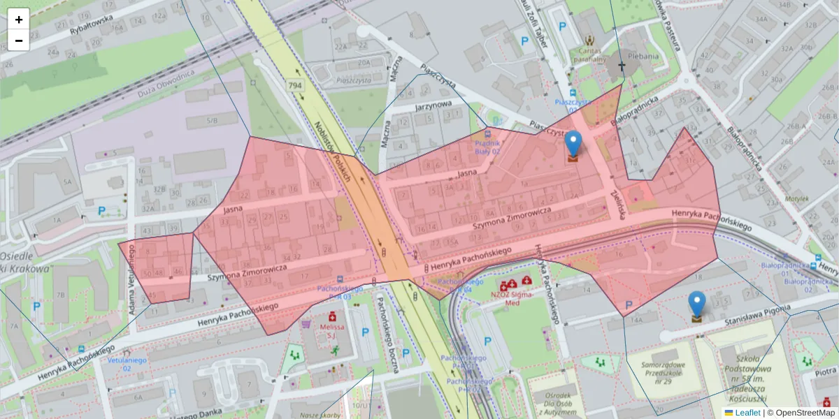 Szczegółowa mapa kodu pocztowego 31-227 z granicami, sąsiednimi kodami pocztowymi i urzędami pocztowymi