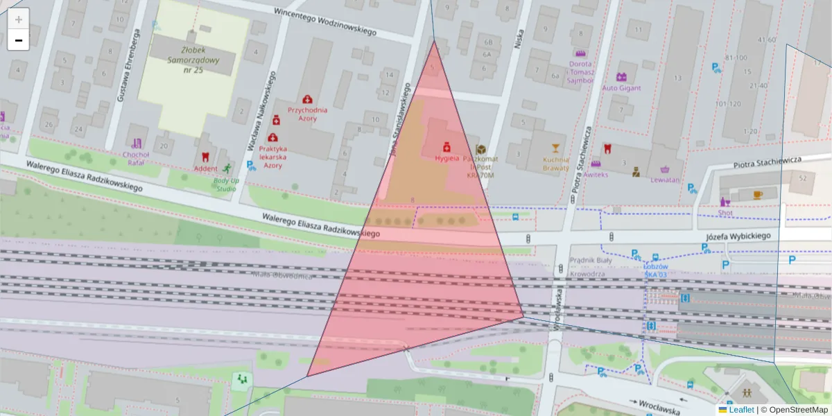 Szczegółowa mapa kodu pocztowego 31-305 z granicami, sąsiednimi kodami pocztowymi i urzędami pocztowymi
