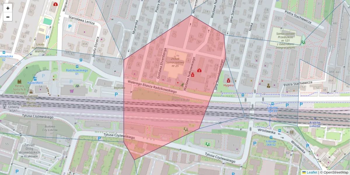 Szczegółowa mapa kodu pocztowego 31-307 z granicami, sąsiednimi kodami pocztowymi i urzędami pocztowymi
