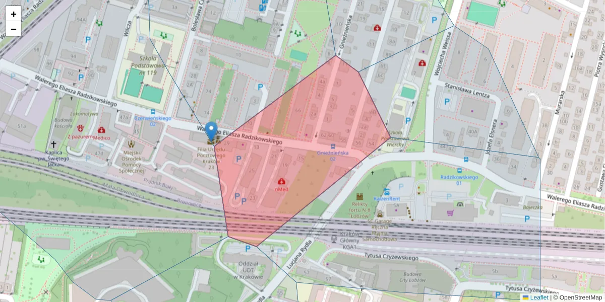 Szczegółowa mapa kodu pocztowego 31-317 z granicami, sąsiednimi kodami pocztowymi i urzędami pocztowymi