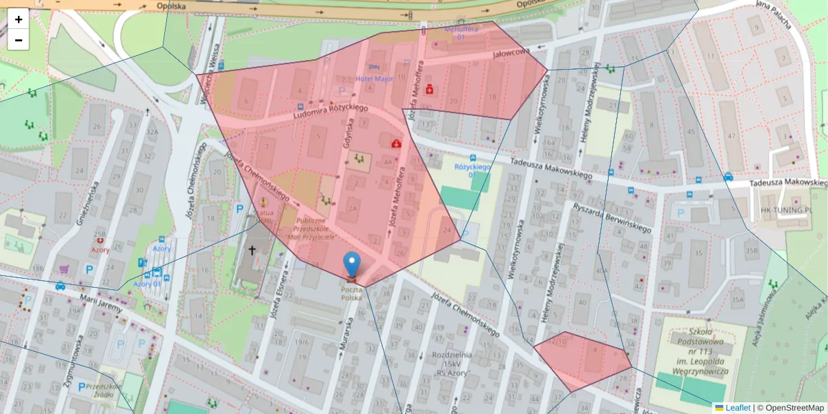 Szczegółowa mapa kodu pocztowego 31-322 z granicami, sąsiednimi kodami pocztowymi i urzędami pocztowymi