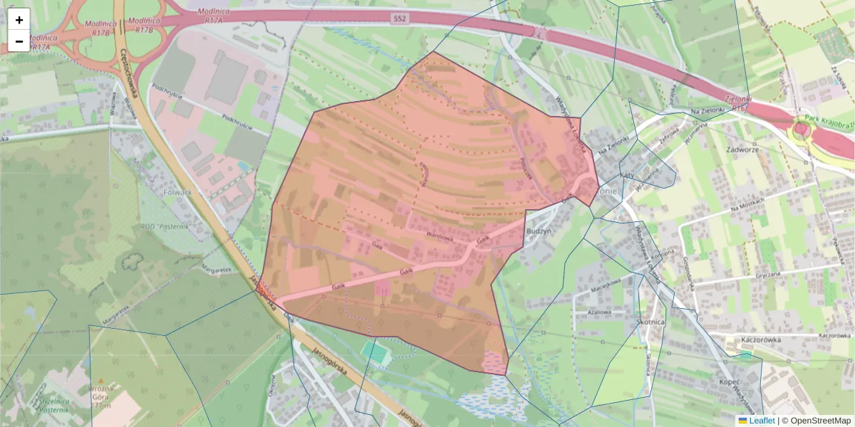 Szczegółowa mapa kodu pocztowego 31-338 z granicami, sąsiednimi kodami pocztowymi i urzędami pocztowymi