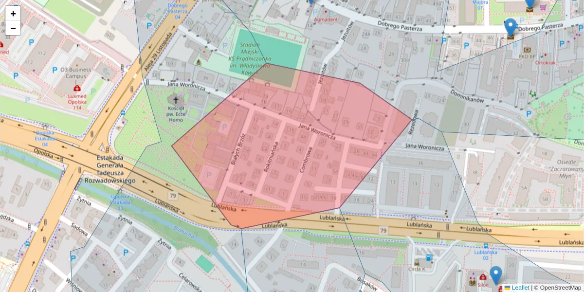 Szczegółowa mapa kodu pocztowego 31-409 z granicami, sąsiednimi kodami pocztowymi i urzędami pocztowymi