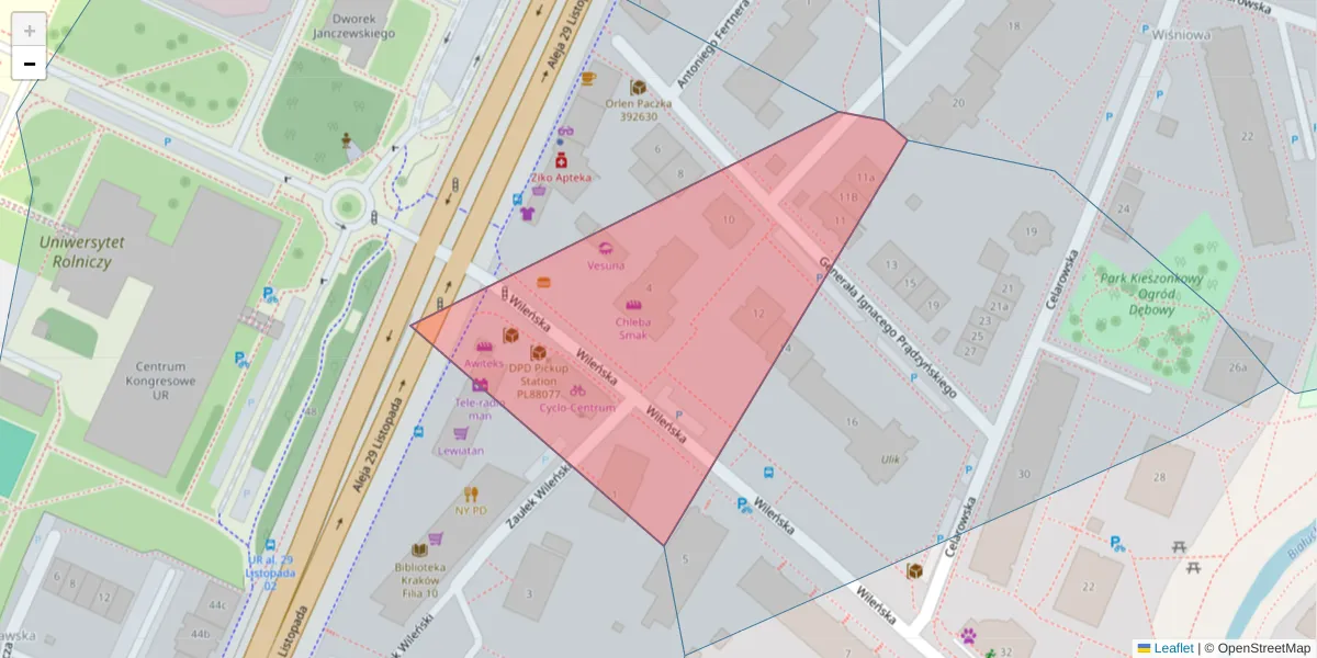 Szczegółowa mapa kodu pocztowego 31-413 z granicami, sąsiednimi kodami pocztowymi i urzędami pocztowymi