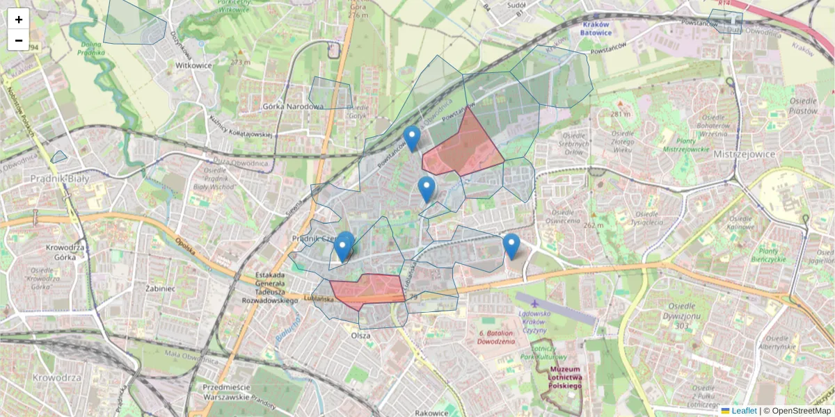 Szczegółowa mapa kodu pocztowego 31-421 z granicami, sąsiednimi kodami pocztowymi i urzędami pocztowymi