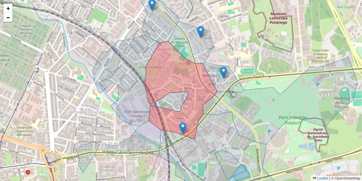 Szczegółowa mapa kodu pocztowego 31-444 z granicami, sąsiednimi kodami pocztowymi i urzędami pocztowymi