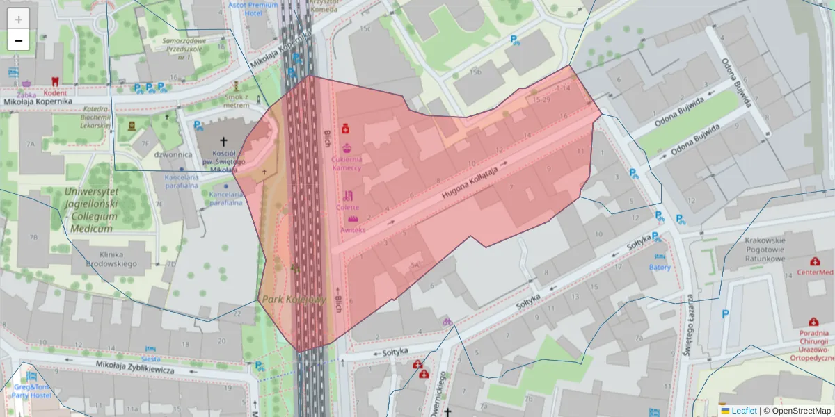 Szczegółowa mapa kodu pocztowego 31-502 z granicami, sąsiednimi kodami pocztowymi i urzędami pocztowymi