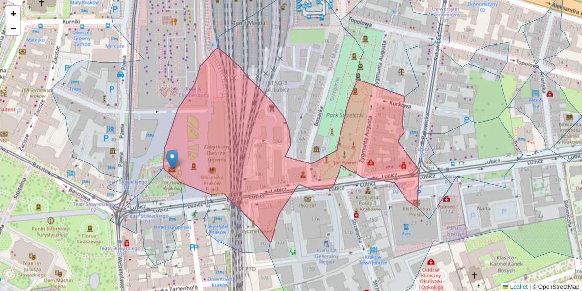 Szczegółowa mapa kodu pocztowego 31-504 z granicami, sąsiednimi kodami pocztowymi i urzędami pocztowymi