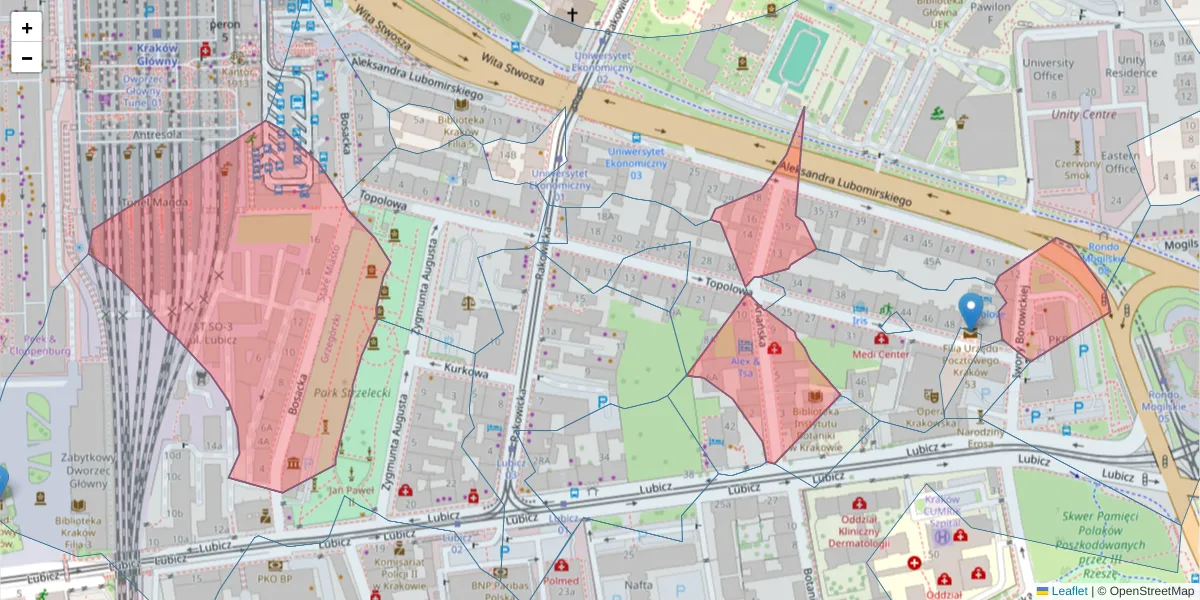 Szczegółowa mapa kodu pocztowego 31-505 z granicami, sąsiednimi kodami pocztowymi i urzędami pocztowymi