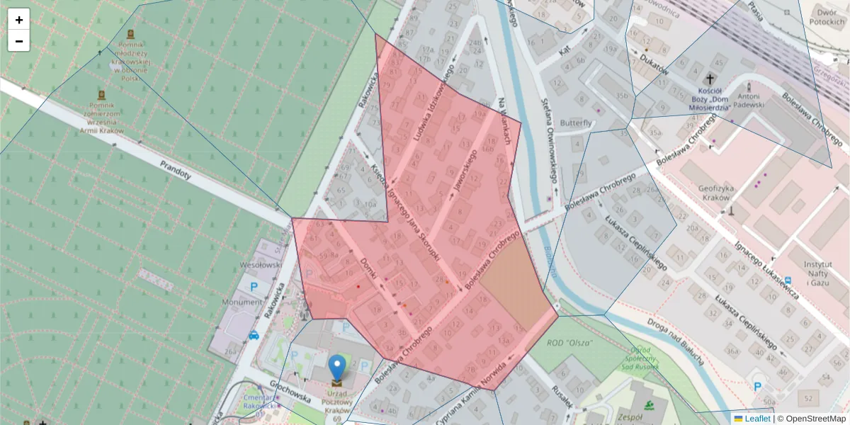 Szczegółowa mapa kodu pocztowego 31-519 z granicami, sąsiednimi kodami pocztowymi i urzędami pocztowymi