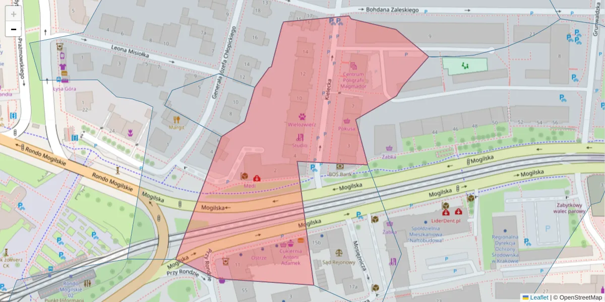 Szczegółowa mapa kodu pocztowego 31-526 z granicami, sąsiednimi kodami pocztowymi i urzędami pocztowymi