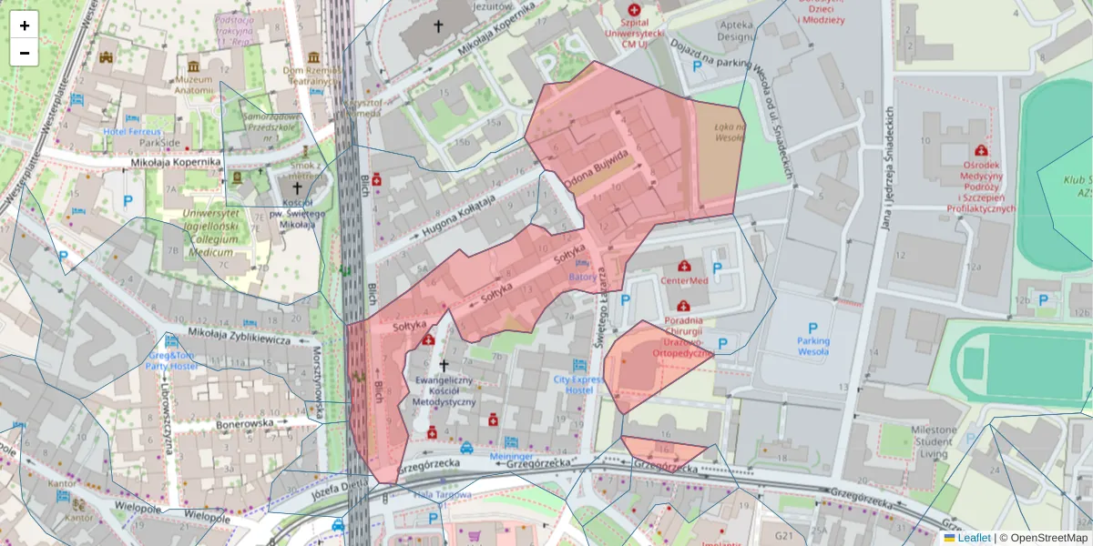Szczegółowa mapa kodu pocztowego 31-529 z granicami, sąsiednimi kodami pocztowymi i urzędami pocztowymi