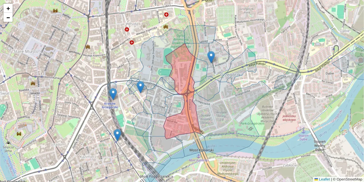 Szczegółowa mapa kodu pocztowego 31-539 z granicami, sąsiednimi kodami pocztowymi i urzędami pocztowymi