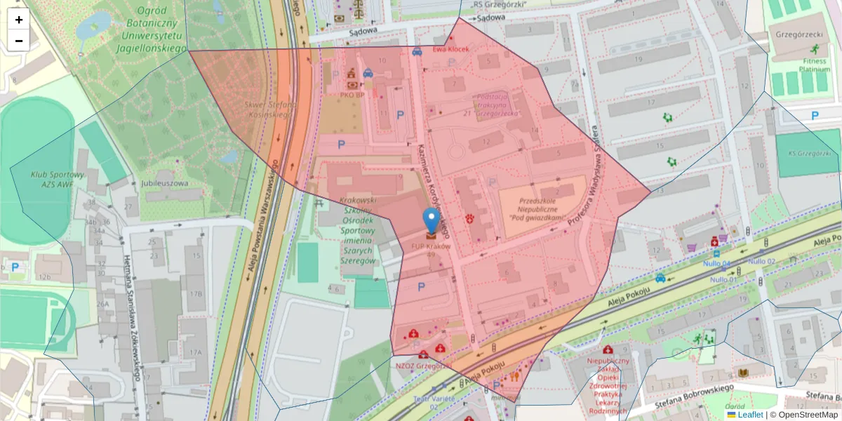 Szczegółowa mapa kodu pocztowego 31-542 z granicami, sąsiednimi kodami pocztowymi i urzędami pocztowymi