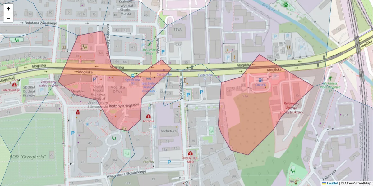 Szczegółowa mapa kodu pocztowego 31-545 z granicami, sąsiednimi kodami pocztowymi i urzędami pocztowymi