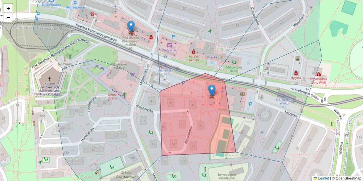 Szczegółowa mapa kodu pocztowego 31-611 z granicami, sąsiednimi kodami pocztowymi i urzędami pocztowymi