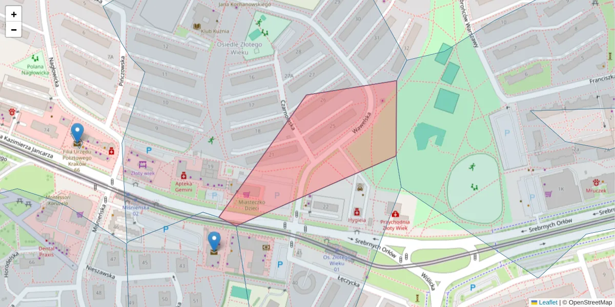 Szczegółowa mapa kodu pocztowego 31-617 z granicami, sąsiednimi kodami pocztowymi i urzędami pocztowymi