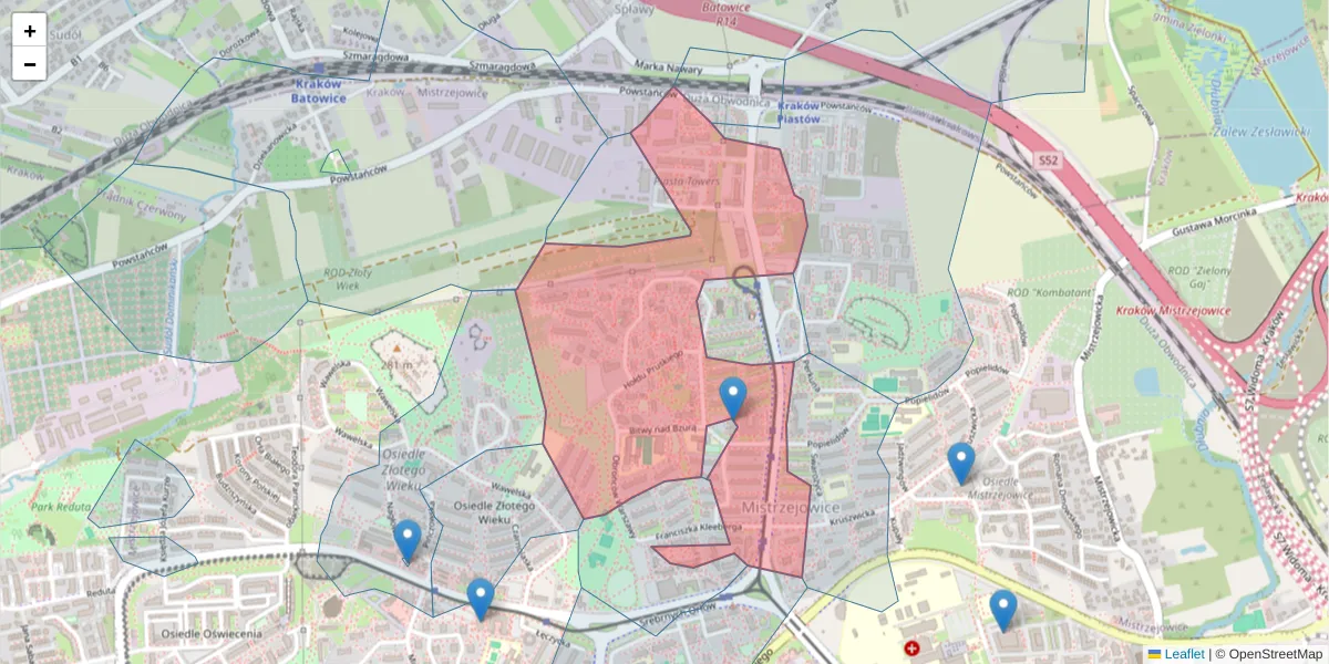 Szczegółowa mapa kodu pocztowego 31-621 z granicami, sąsiednimi kodami pocztowymi i urzędami pocztowymi