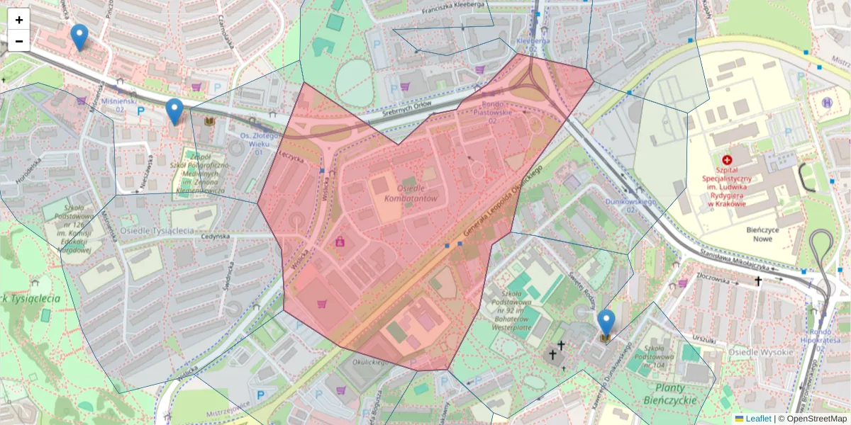 Szczegółowa mapa kodu pocztowego 31-630 z granicami, sąsiednimi kodami pocztowymi i urzędami pocztowymi