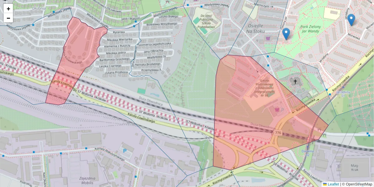 Szczegółowa mapa kodu pocztowego 31-708 z granicami, sąsiednimi kodami pocztowymi i urzędami pocztowymi