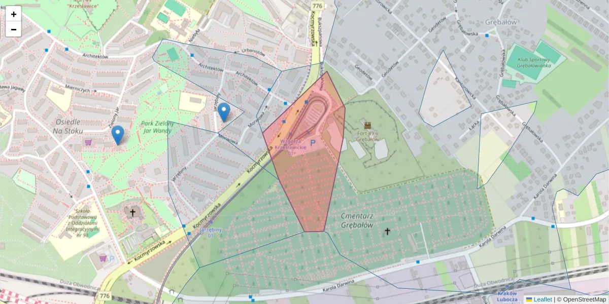Szczegółowa mapa kodu pocztowego 31-726 z granicami, sąsiednimi kodami pocztowymi i urzędami pocztowymi