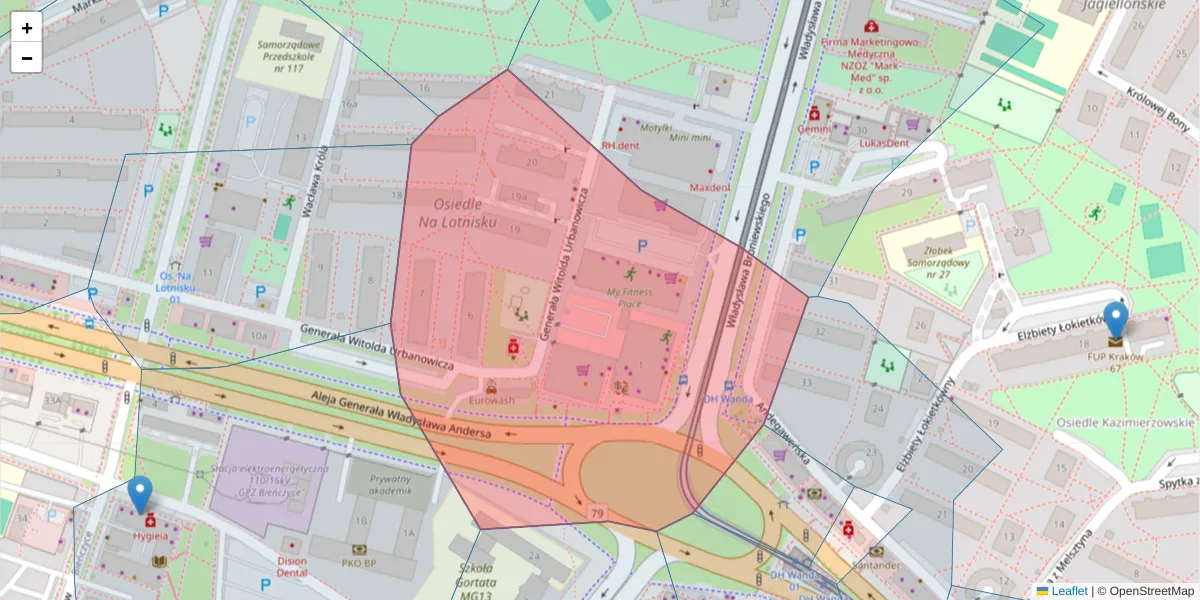 Szczegółowa mapa kodu pocztowego 31-801 z granicami, sąsiednimi kodami pocztowymi i urzędami pocztowymi