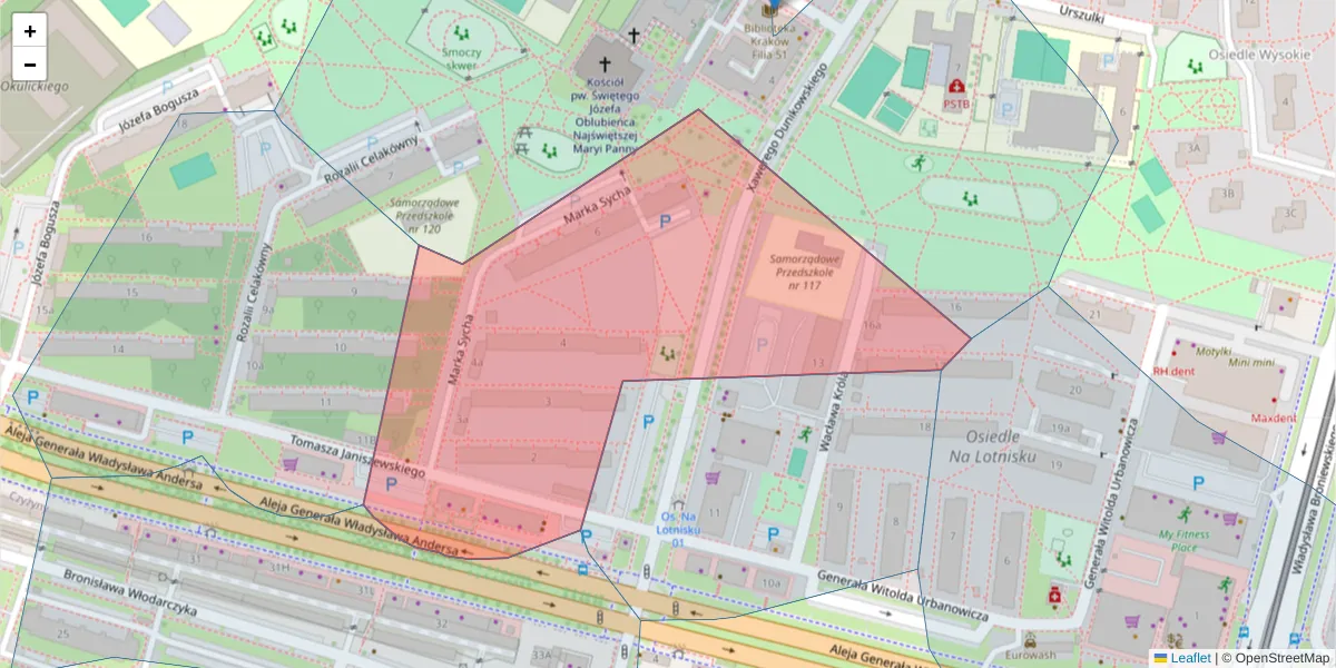 Szczegółowa mapa kodu pocztowego 31-807 z granicami, sąsiednimi kodami pocztowymi i urzędami pocztowymi