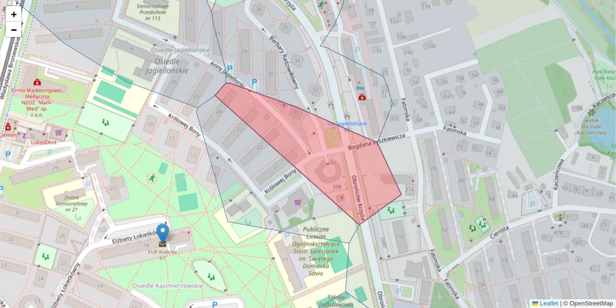 Szczegółowa mapa kodu pocztowego 31-836 z granicami, sąsiednimi kodami pocztowymi i urzędami pocztowymi