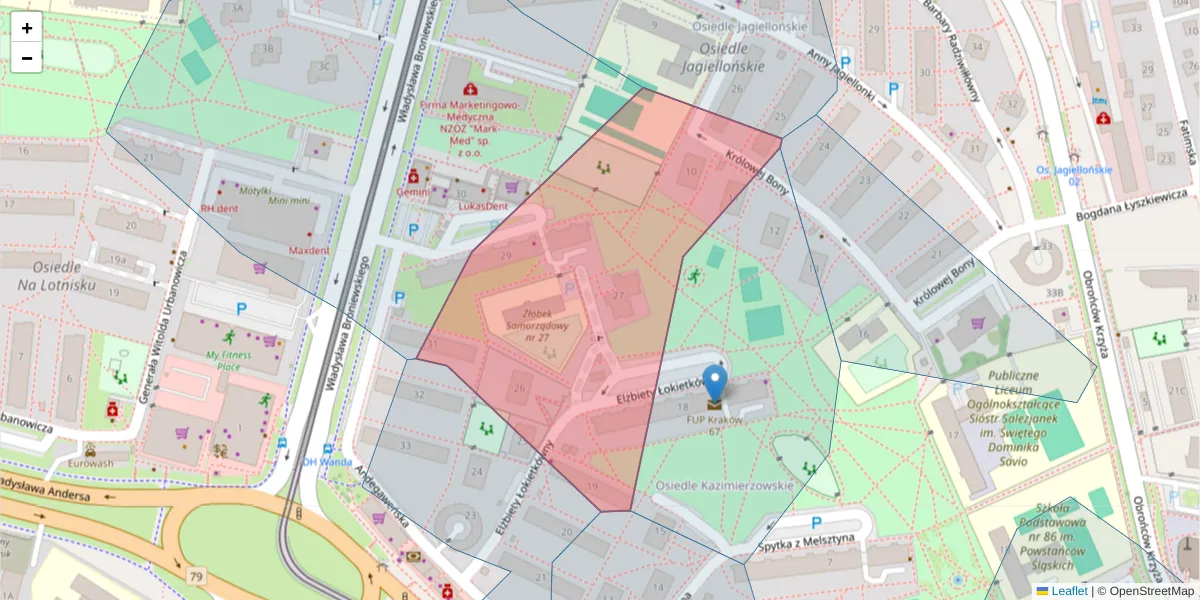 Szczegółowa mapa kodu pocztowego 31-843 z granicami, sąsiednimi kodami pocztowymi i urzędami pocztowymi