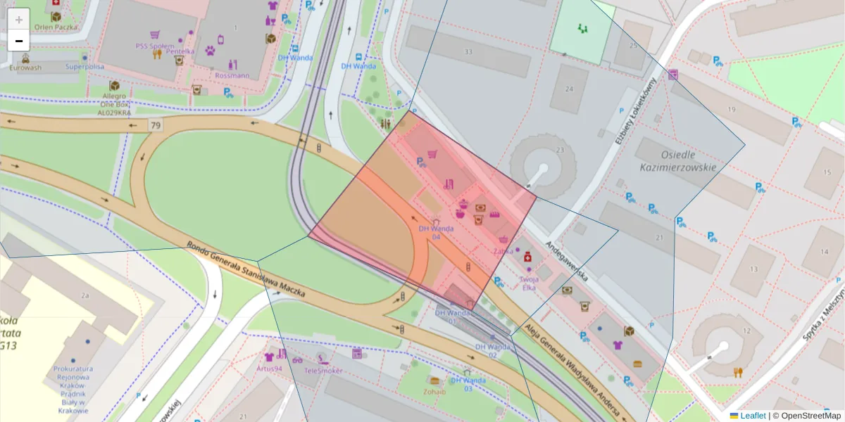 Szczegółowa mapa kodu pocztowego 31-884 z granicami, sąsiednimi kodami pocztowymi i urzędami pocztowymi