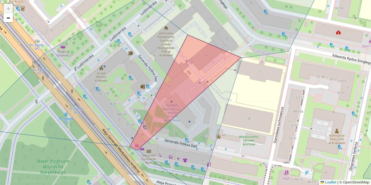 Szczegółowa mapa kodu pocztowego 31-951 z granicami, sąsiednimi kodami pocztowymi i urzędami pocztowymi