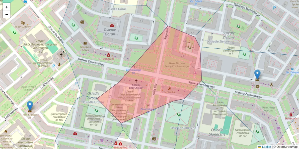 Szczegółowa mapa kodu pocztowego 31-953 z granicami, sąsiednimi kodami pocztowymi i urzędami pocztowymi