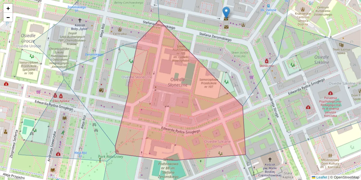 Szczegółowa mapa kodu pocztowego 31-956 z granicami, sąsiednimi kodami pocztowymi i urzędami pocztowymi