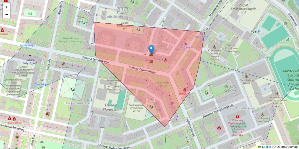 Szczegółowa mapa kodu pocztowego 31-970 z granicami, sąsiednimi kodami pocztowymi i urzędami pocztowymi
