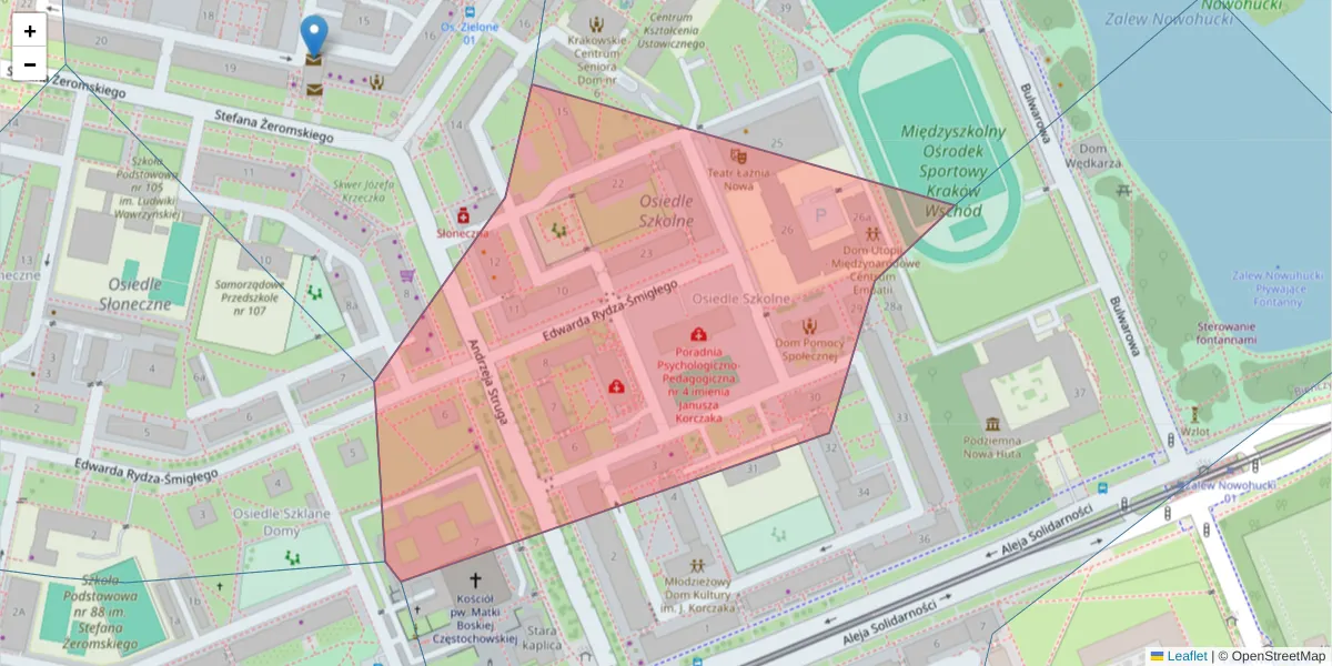 Szczegółowa mapa kodu pocztowego 31-977 z granicami, sąsiednimi kodami pocztowymi i urzędami pocztowymi