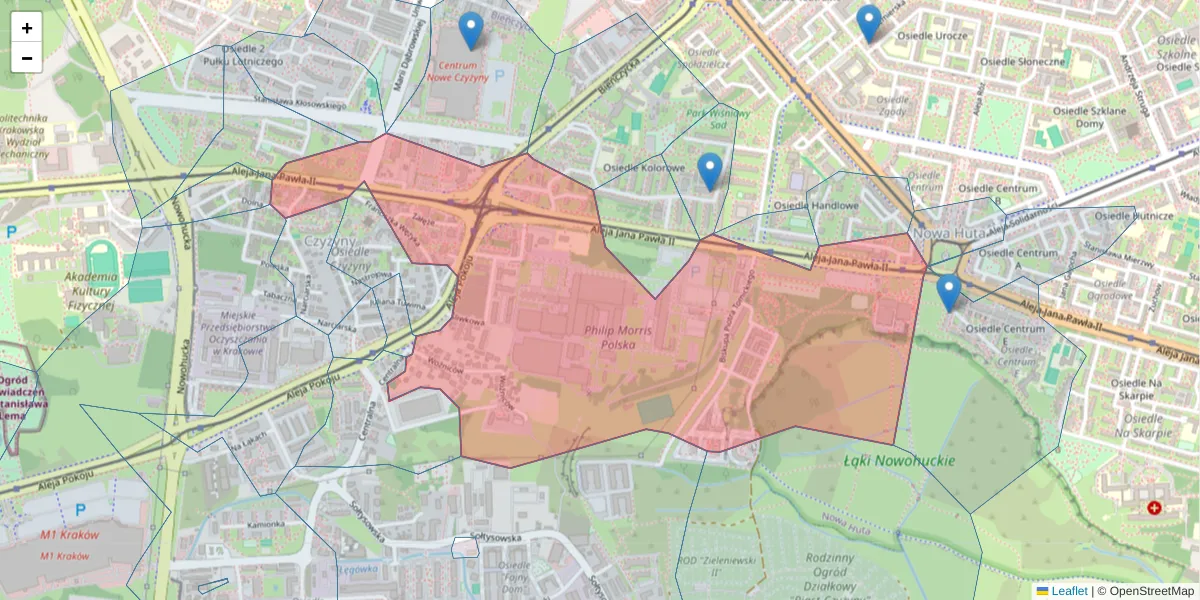 Szczegółowa mapa kodu pocztowego 31-982 z granicami, sąsiednimi kodami pocztowymi i urzędami pocztowymi