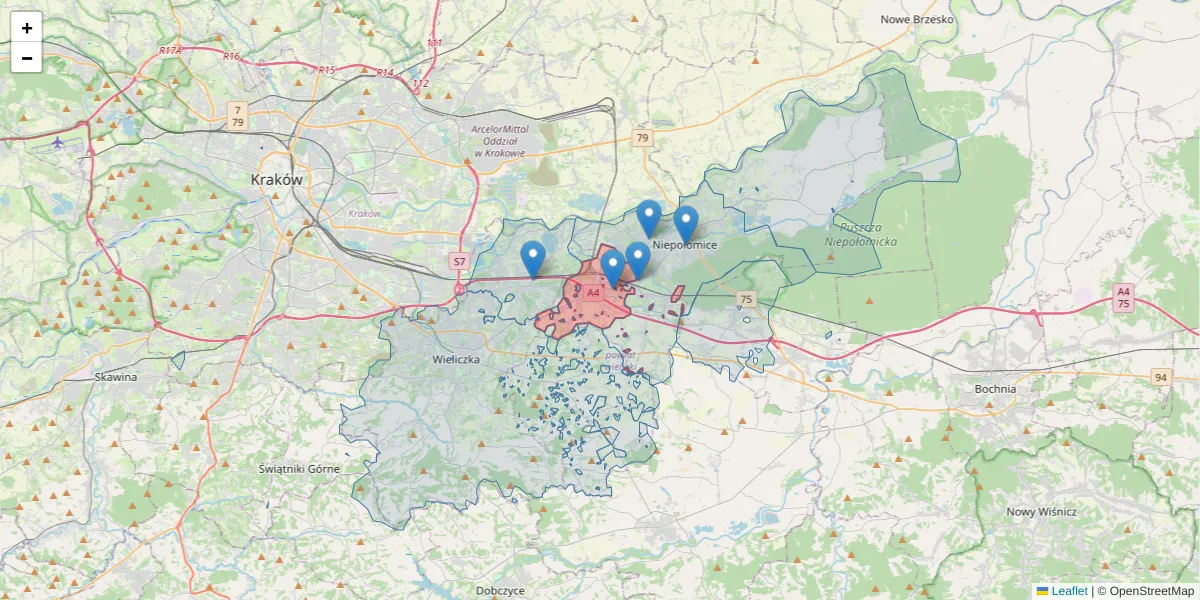Szczegółowa mapa kodu pocztowego 32-003 z granicami, sąsiednimi kodami pocztowymi i urzędami pocztowymi