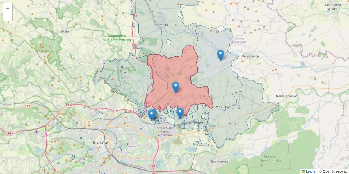 Szczegółowa mapa kodu pocztowego 32-010 z granicami, sąsiednimi kodami pocztowymi i urzędami pocztowymi