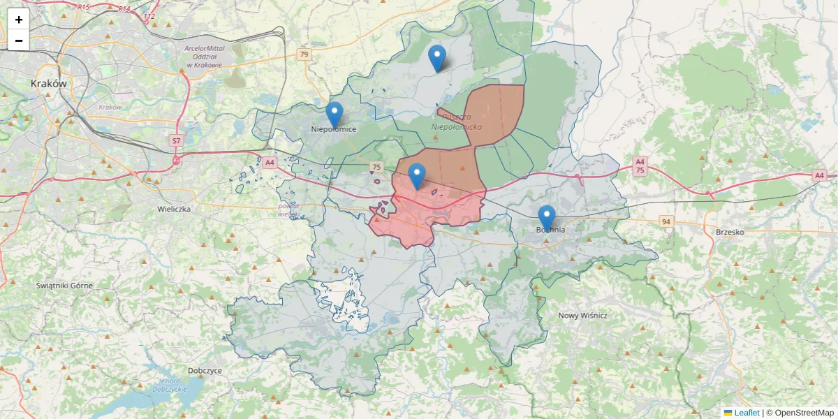 Szczegółowa mapa kodu pocztowego 32-015 z granicami, sąsiednimi kodami pocztowymi i urzędami pocztowymi