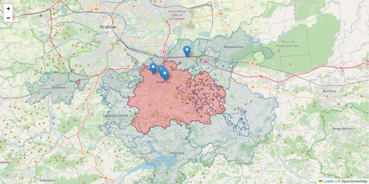 Szczegółowa mapa kodu pocztowego 32-020 z granicami, sąsiednimi kodami pocztowymi i urzędami pocztowymi