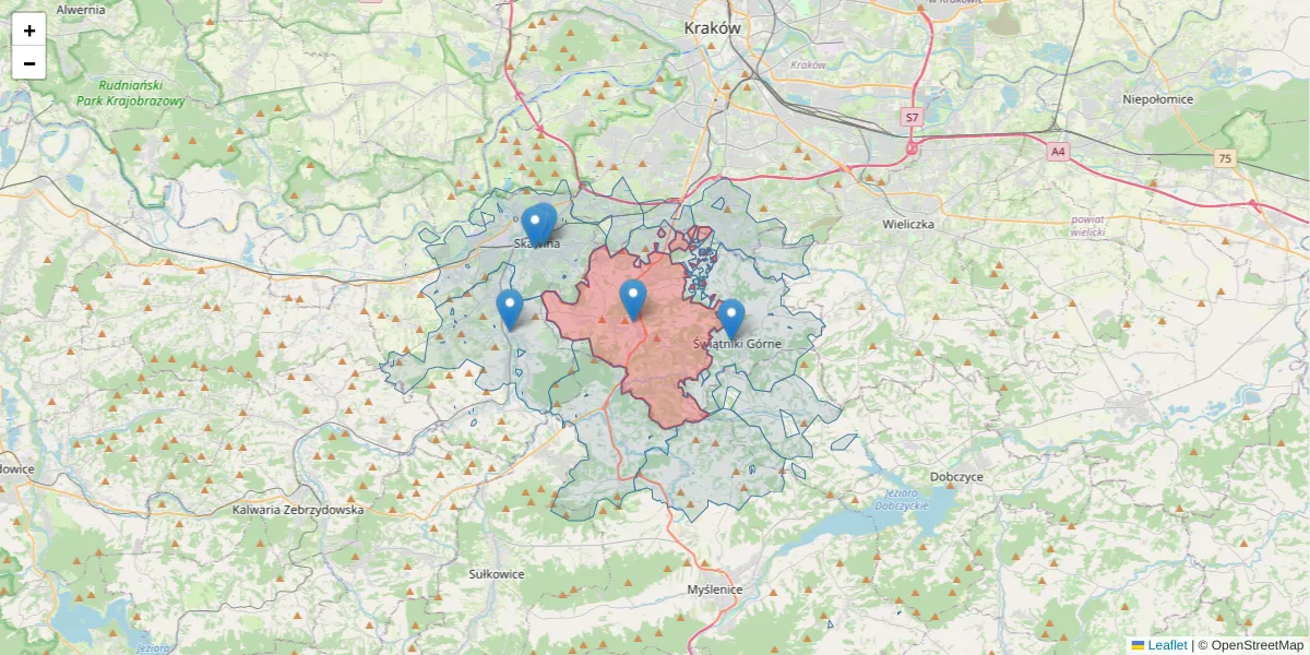 Szczegółowa mapa kodu pocztowego 32-031 z granicami, sąsiednimi kodami pocztowymi i urzędami pocztowymi