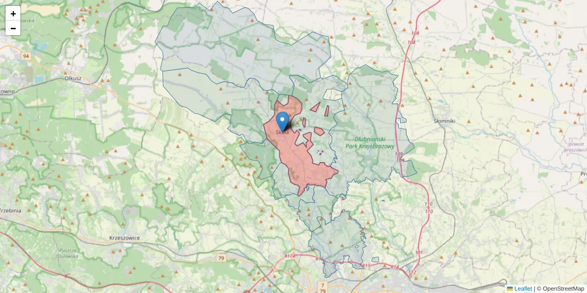 Szczegółowa mapa kodu pocztowego 32-043 z granicami, sąsiednimi kodami pocztowymi i urzędami pocztowymi