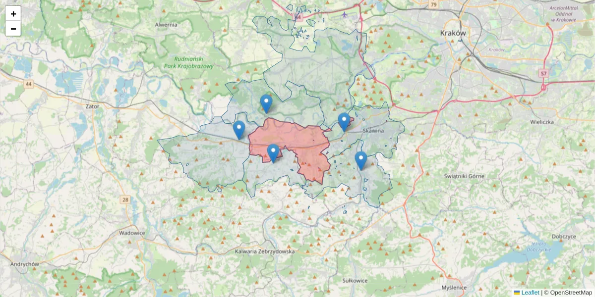 Szczegółowa mapa kodu pocztowego 32-051 z granicami, sąsiednimi kodami pocztowymi i urzędami pocztowymi